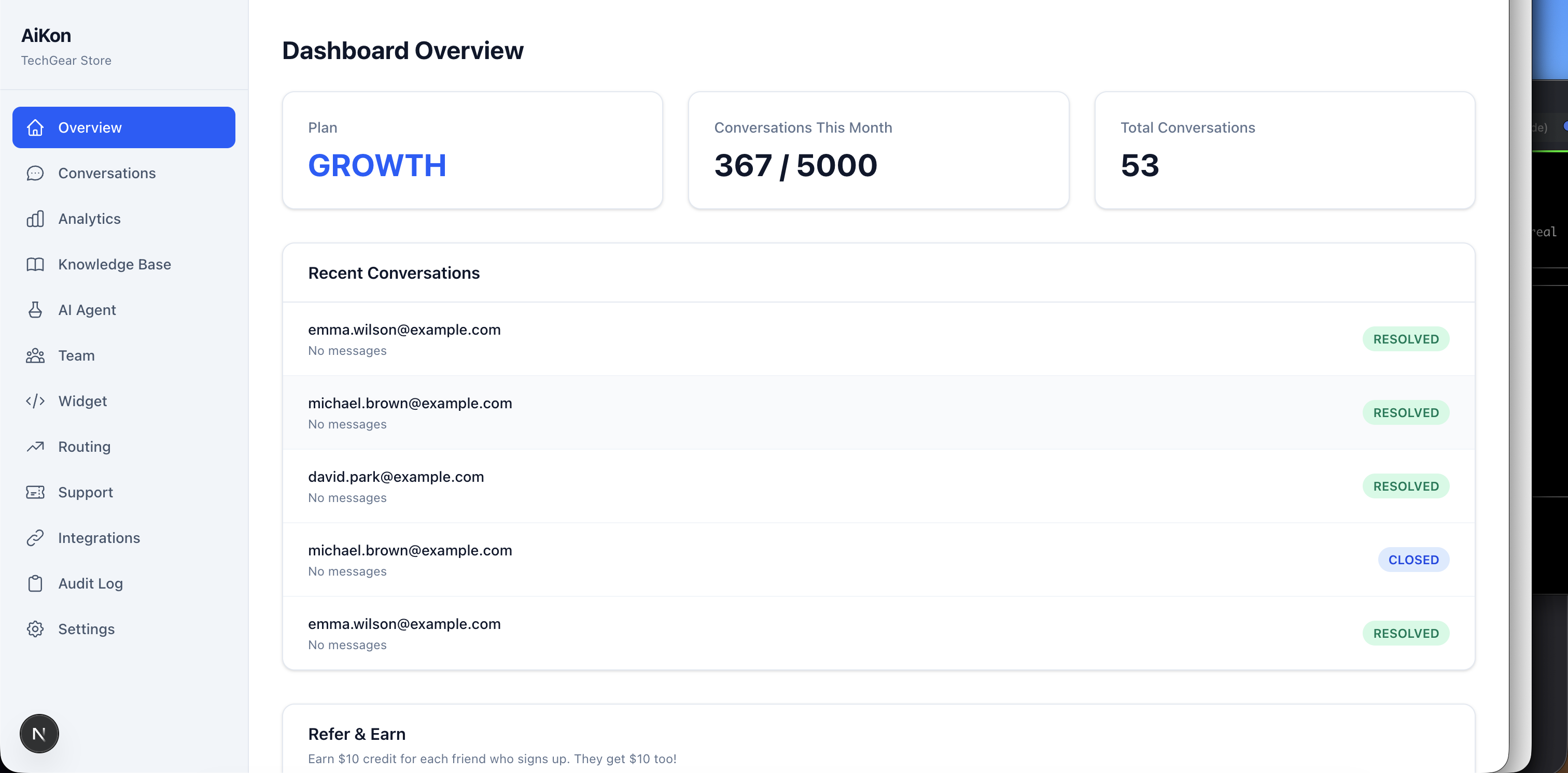 AiKon dashboard with conversations and usage overview